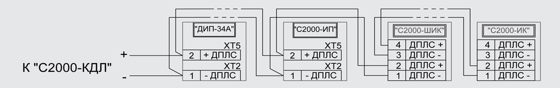 Схема подключения адресных извещателей в ДПЛС с топологией построения «шина»